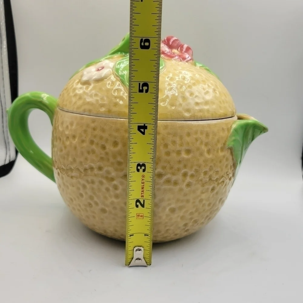 Vintage Mid Century Ceramic Lemon Pitcher and Lid in Yellow and Green Japan